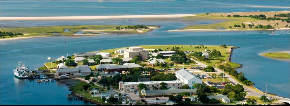 Pivers Island is home to many marine science facitilities, including the NOAA Beaufort Lab in the foreground.