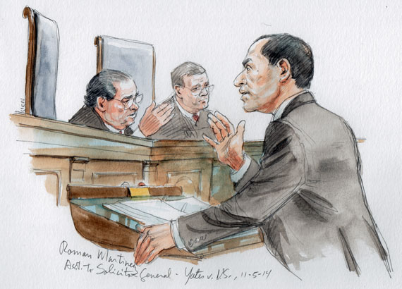 Justice Scalia during the Yates case speaking with the Solicitor General about government overreach. Source