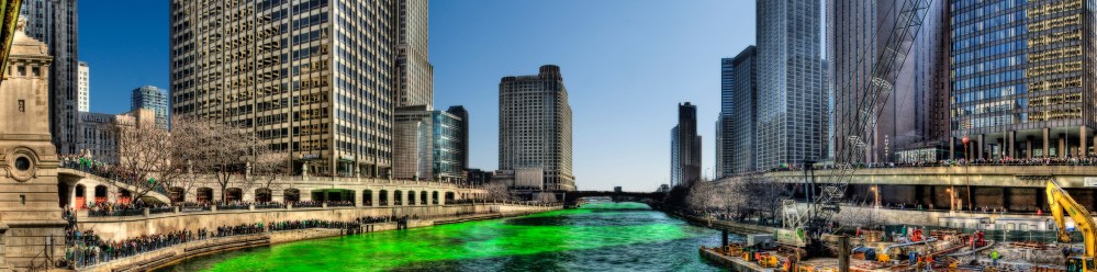 The Chicago River turns green every St. Patrick's Day.  Many Irish Americans are descentants who migrated because of the potato famine